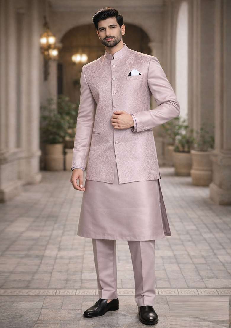 Pink Embroidery Jecquard Jacket Set For Men - Indya