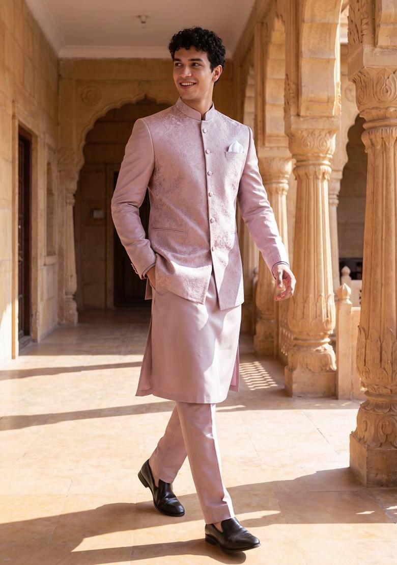 Pink Embroidery Jecquard Jacket Set For Men - Indya