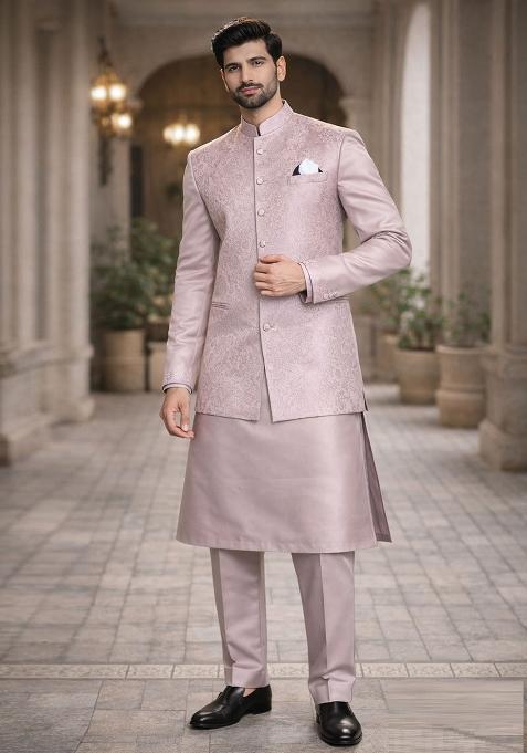 Pink Embroidery Jecquard Jacket Set For Men
