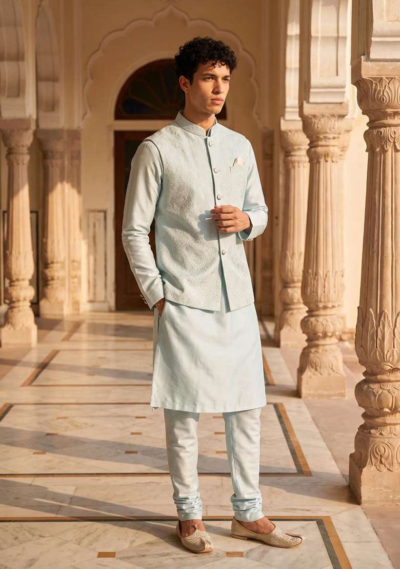 Sky Blue Embroidery Jecquard Jacket Set For Men - Indya