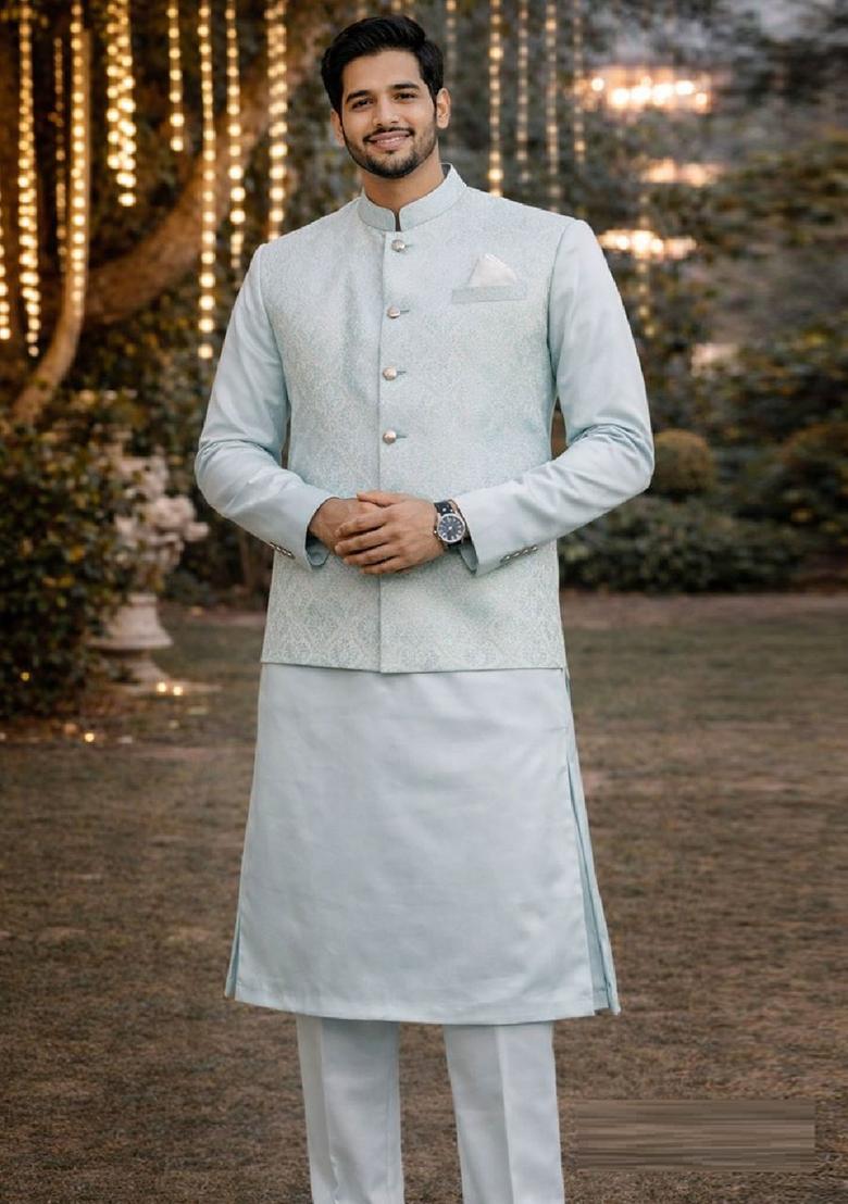 Sky Blue Embroidery Jecquard Jacket Set For Men - Indya