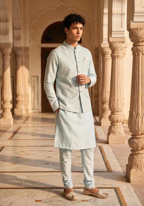 Sky Blue Embroidery Jecquard Jacket Set For Men
