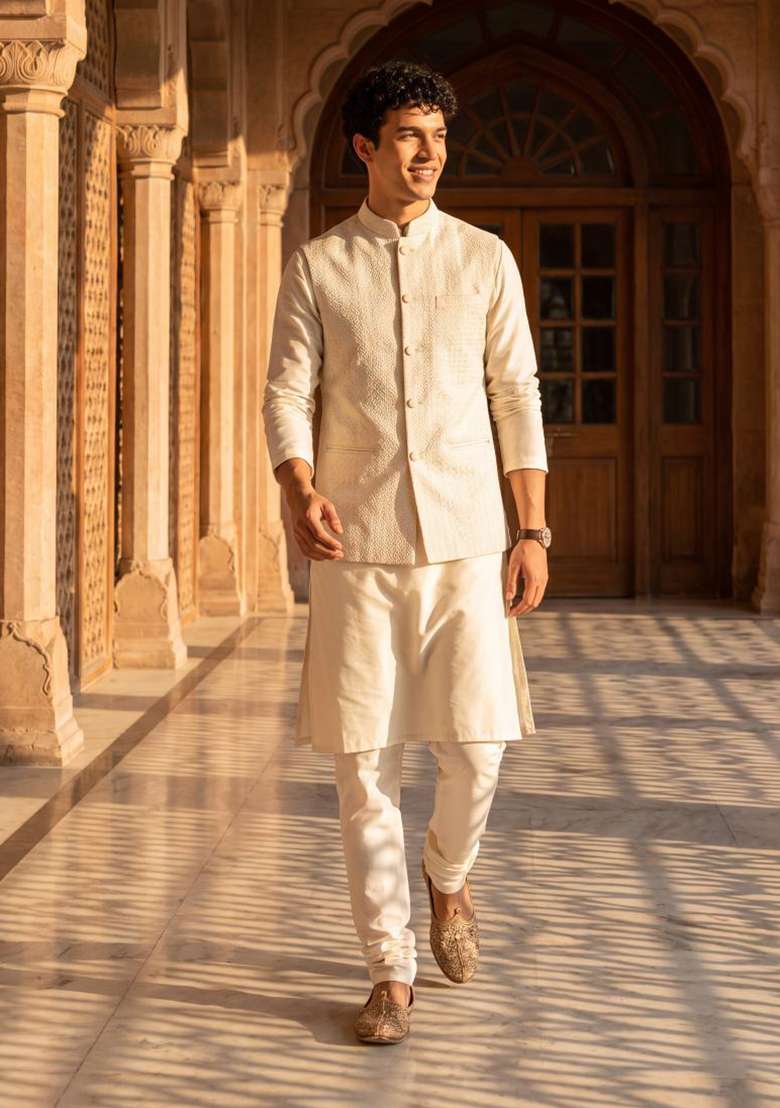 Cream Embroidery Jecquard Jacket Set For Men - Indya