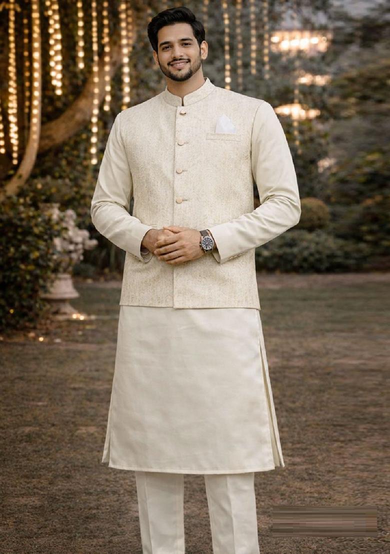 Cream Embroidery Jecquard Jacket Set For Men - Indya