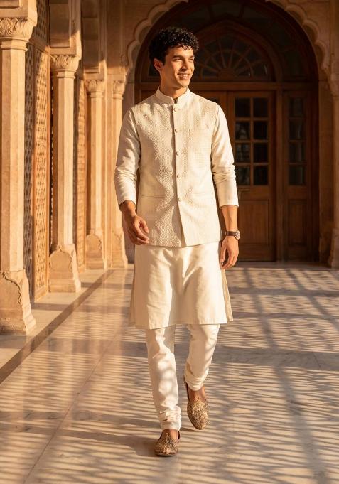Cream Embroidery Jecquard Jacket Set For Men