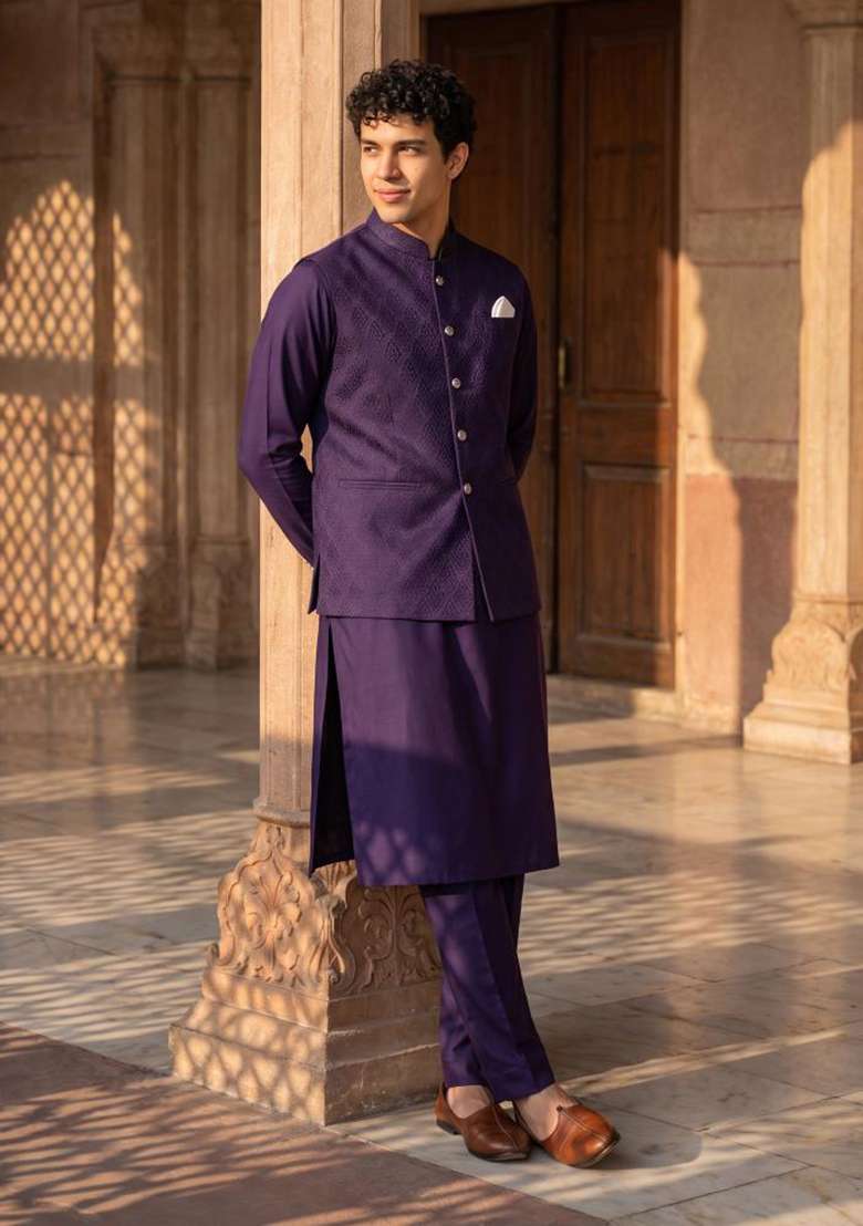 Purple Embroidery Jecquard Jacket Set For Men - Indya