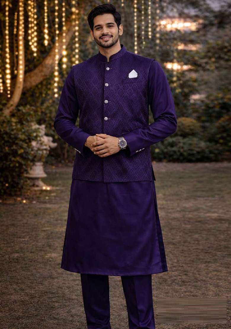 Purple Embroidery Jecquard Jacket Set For Men - Indya