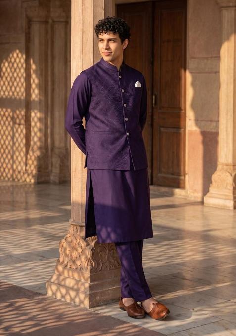 Purple Embroidery Jecquard Jacket Set For Men