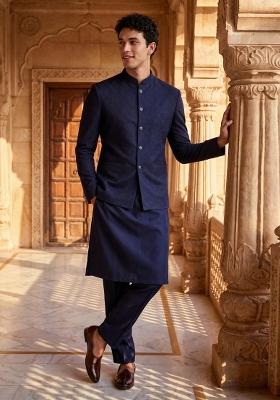 Nevy Blue Embroidery Jecquard Jacket Set For Men
