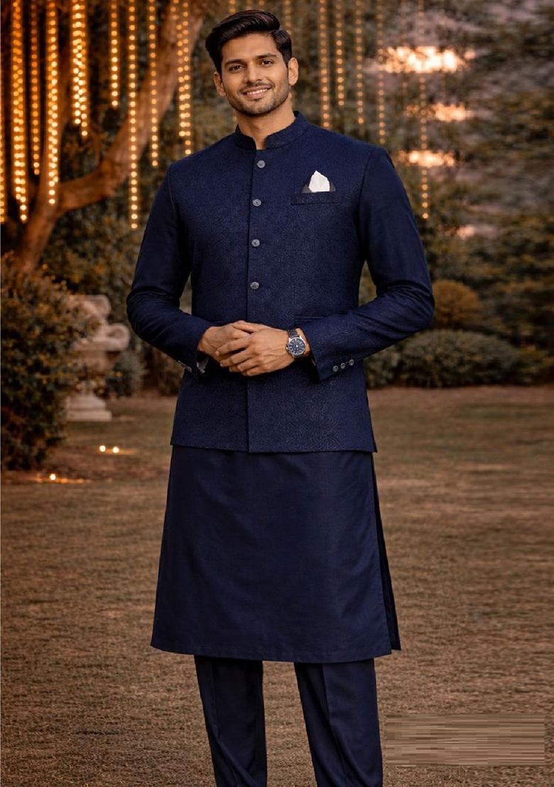 Nevy Blue Embroidery Jecquard Jacket Set For Men - Indya
