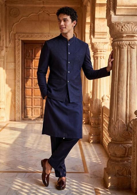 Nevy Blue Embroidery Jecquard Jacket Set For Men