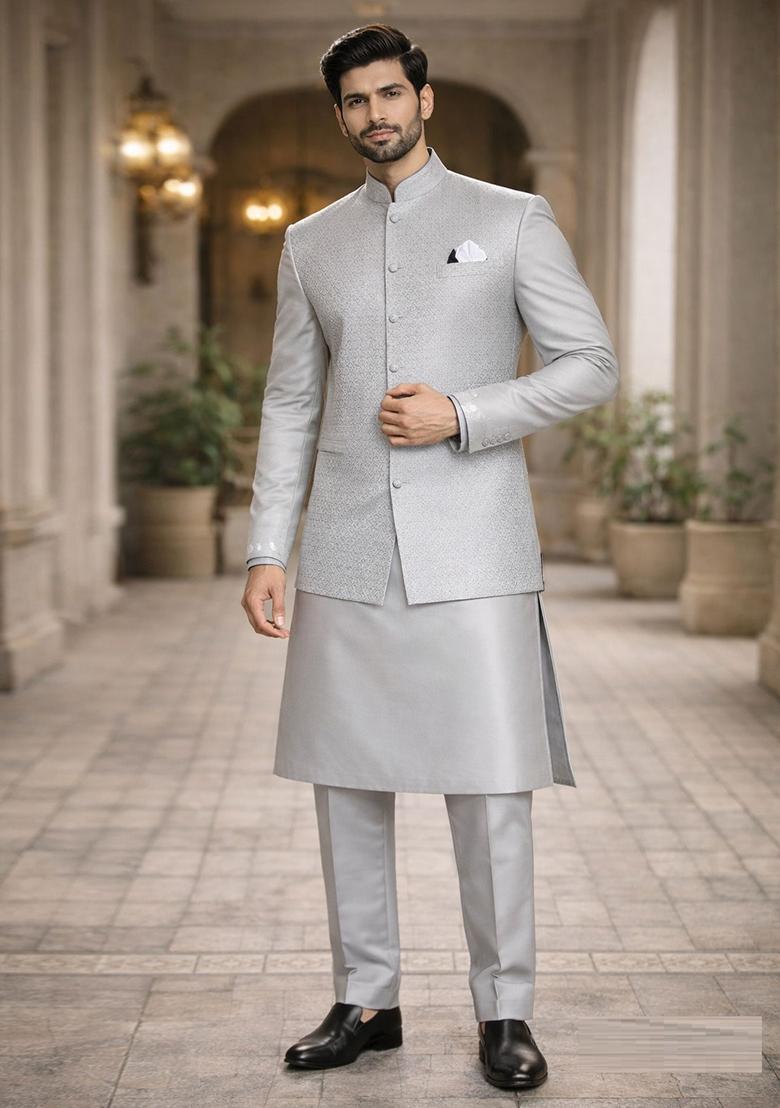 Grey Embroidery Jecquard Jacket Set For Men - Indya