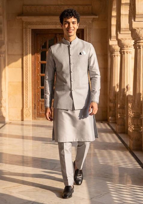 Grey Embroidery Jecquard Jacket Set For Men
