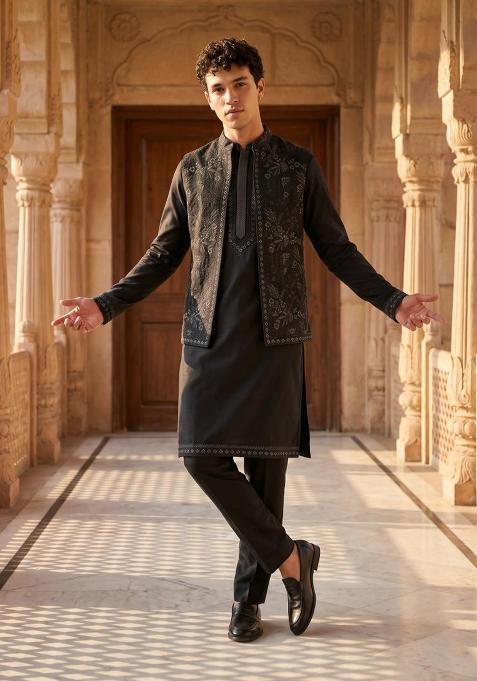 Black Embroidery Doniar Jacket Set For Men