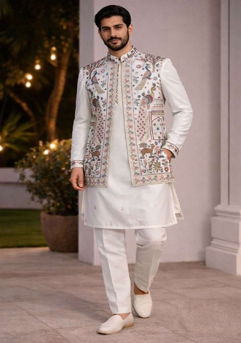 White Embroidery Doniar Jacket Set For Men - Indya