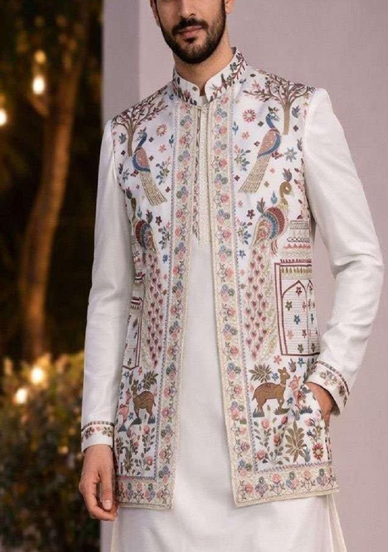 White Embroidery Doniar Jacket Set For Men - Indya