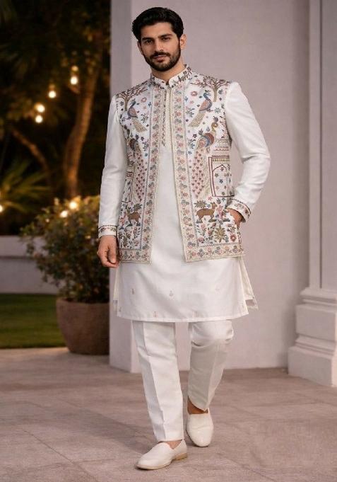 White Embroidery Doniar Jacket Set For Men