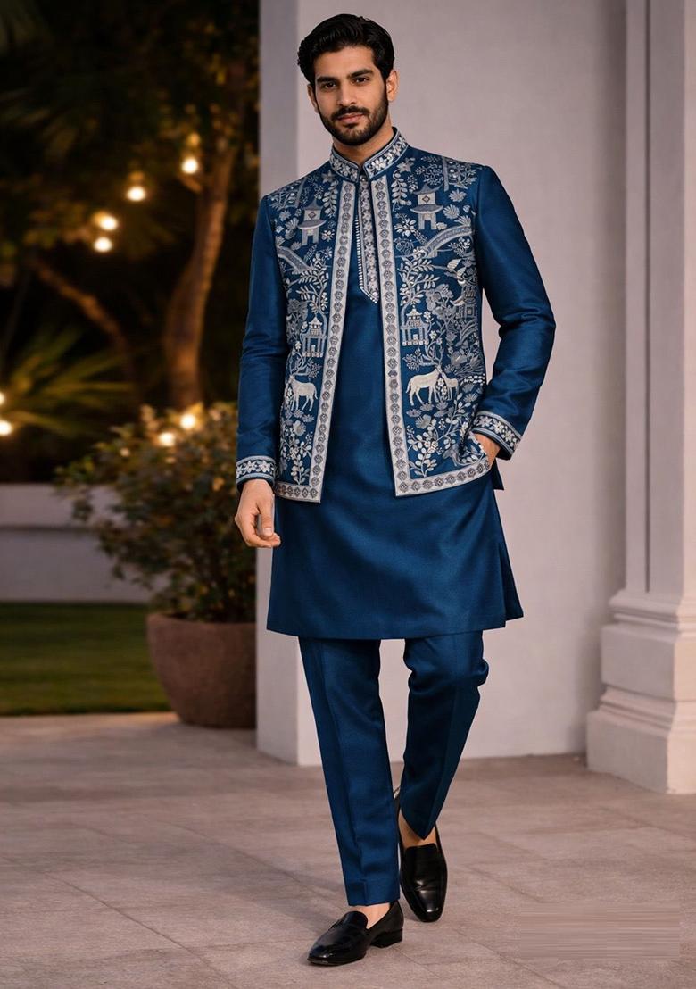 Rama Blue Embroidery Doniar Jacket Set For Men - Indya