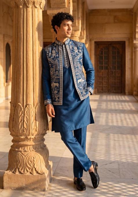 Rama Blue Embroidery Doniar Jacket Set For Men