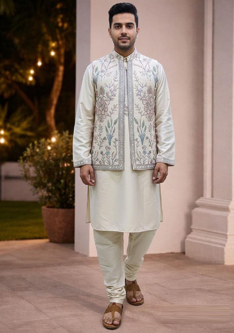 Cream Embroidery Doniar Jacket Set For Men - Indya