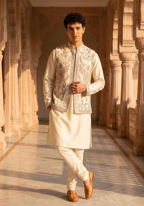 Cream Embroidery Doniar Jacket Set For Men