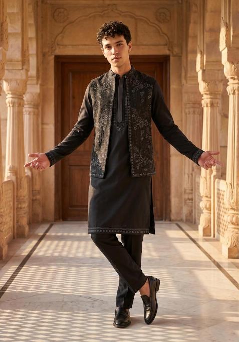 Black Embroidery Doniar Jacket Set For Men