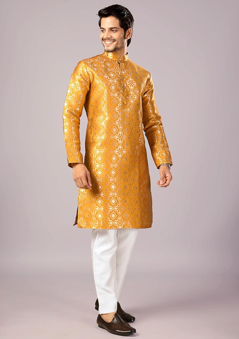 Golden Jacquard Silk Kurta For Men - Indya