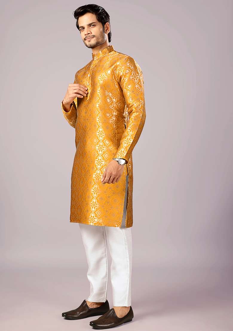 Golden Jacquard Silk Kurta For Men - Indya