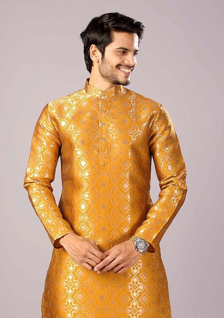Golden Jacquard Silk Kurta For Men - Indya