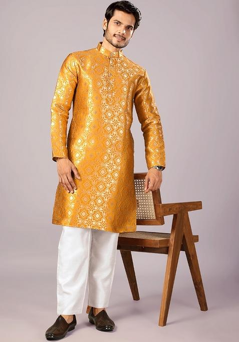 Golden Jacquard Silk Kurta For Men