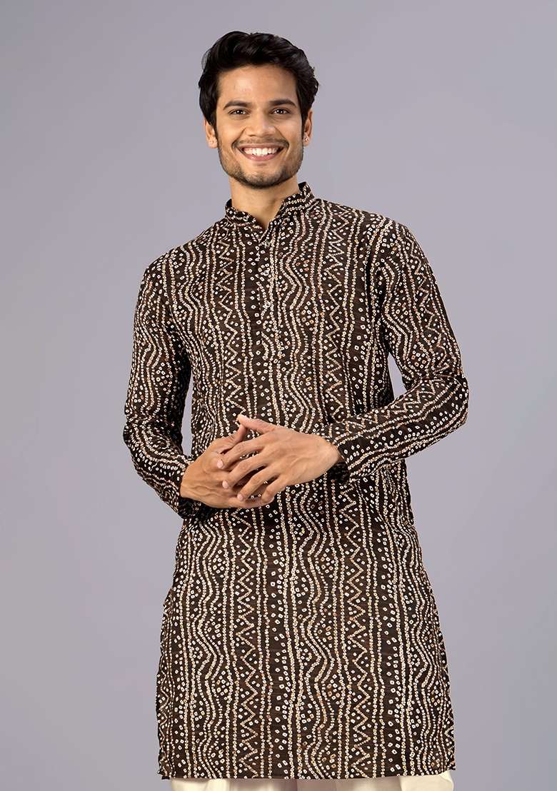Brown Printed Cotton Kurta For Men - Indya