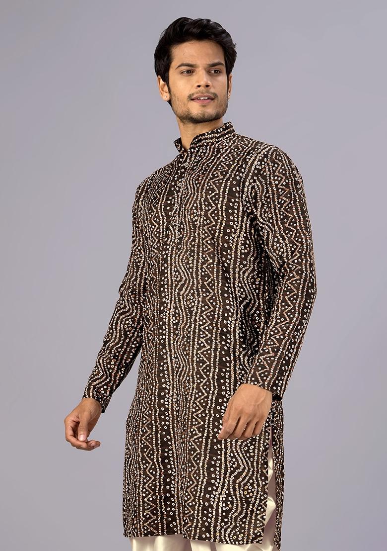 Brown Printed Cotton Kurta For Men - Indya