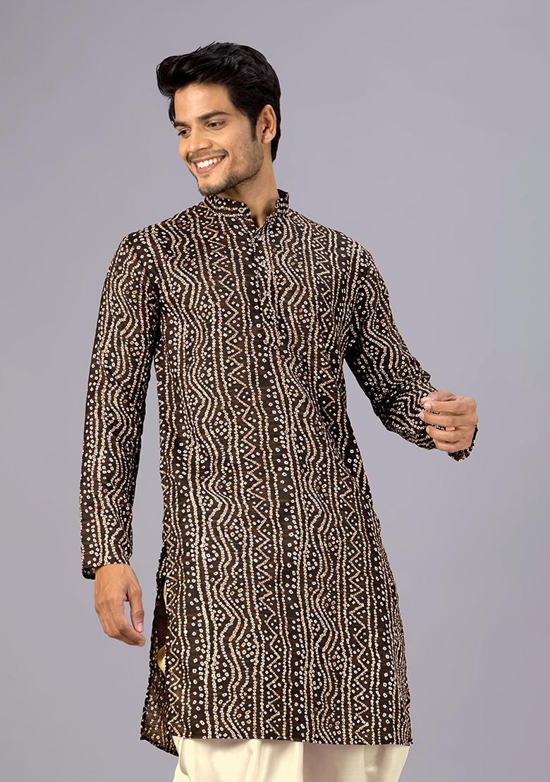 Brown Printed Cotton Kurta For Men - Indya