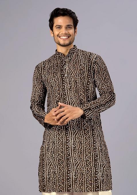 Brown Printed Cotton Kurta For Men