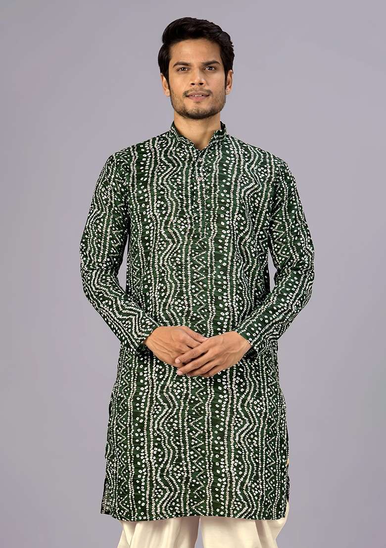 Green Printed Cotton Kurta For Men - Indya