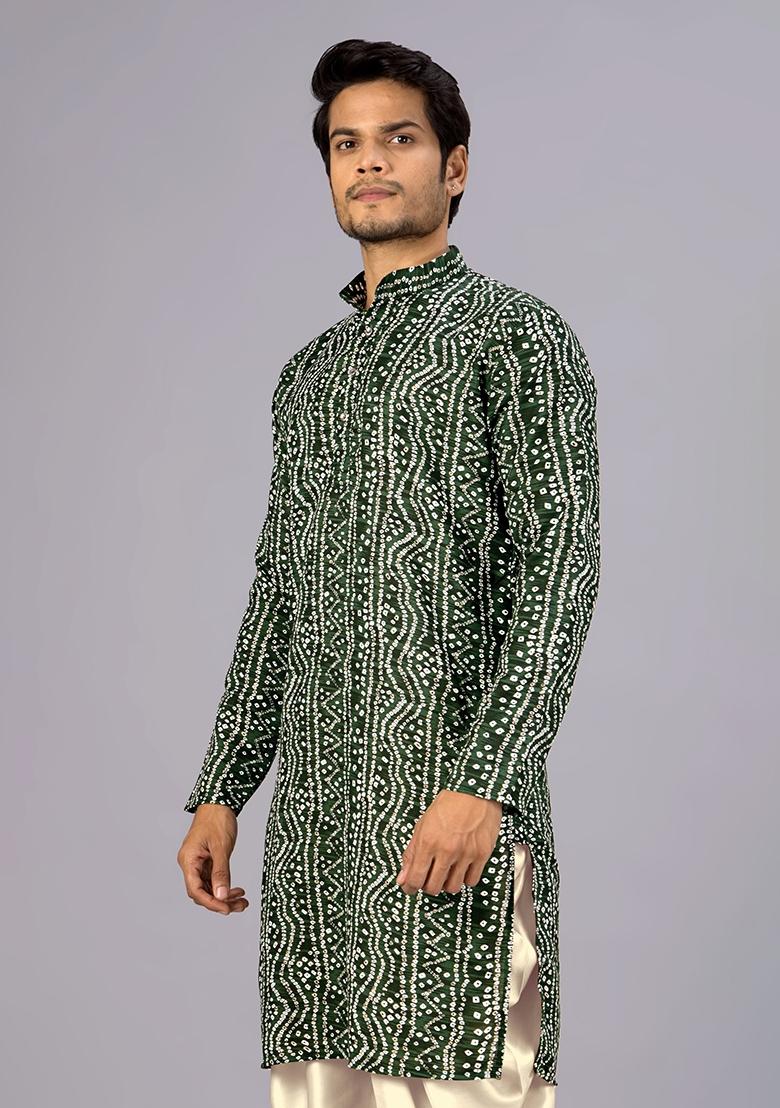 Green Printed Cotton Kurta For Men - Indya