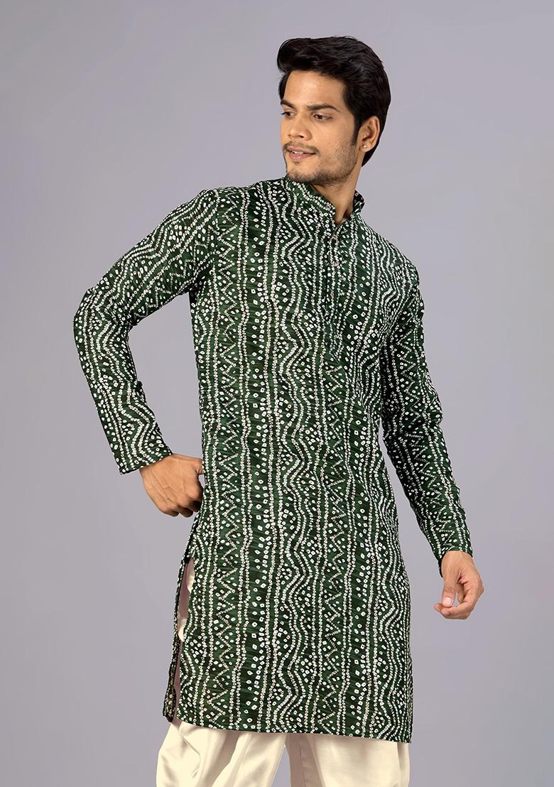 Green Printed Cotton Kurta For Men - Indya