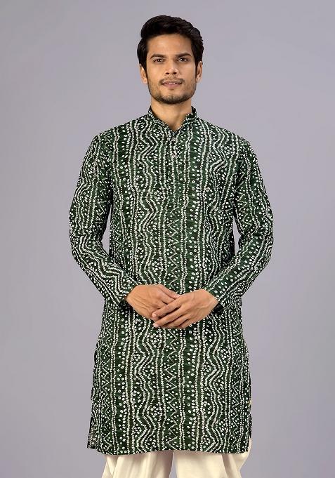 Green Printed Cotton Kurta For Men