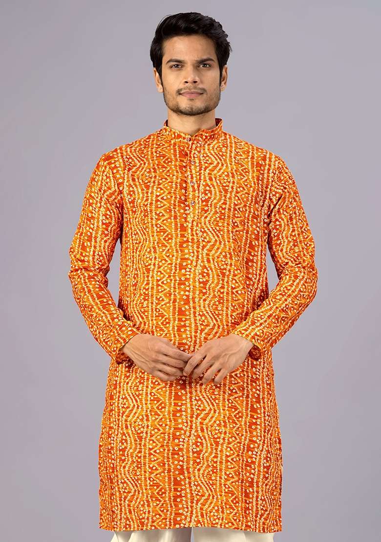 Mustard Printed Cotton Kurta For Men - Indya