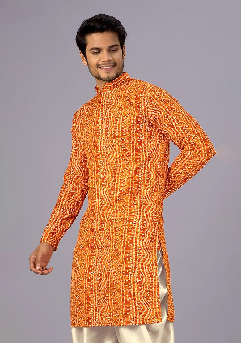 Mustard Printed Cotton Kurta For Men - Indya