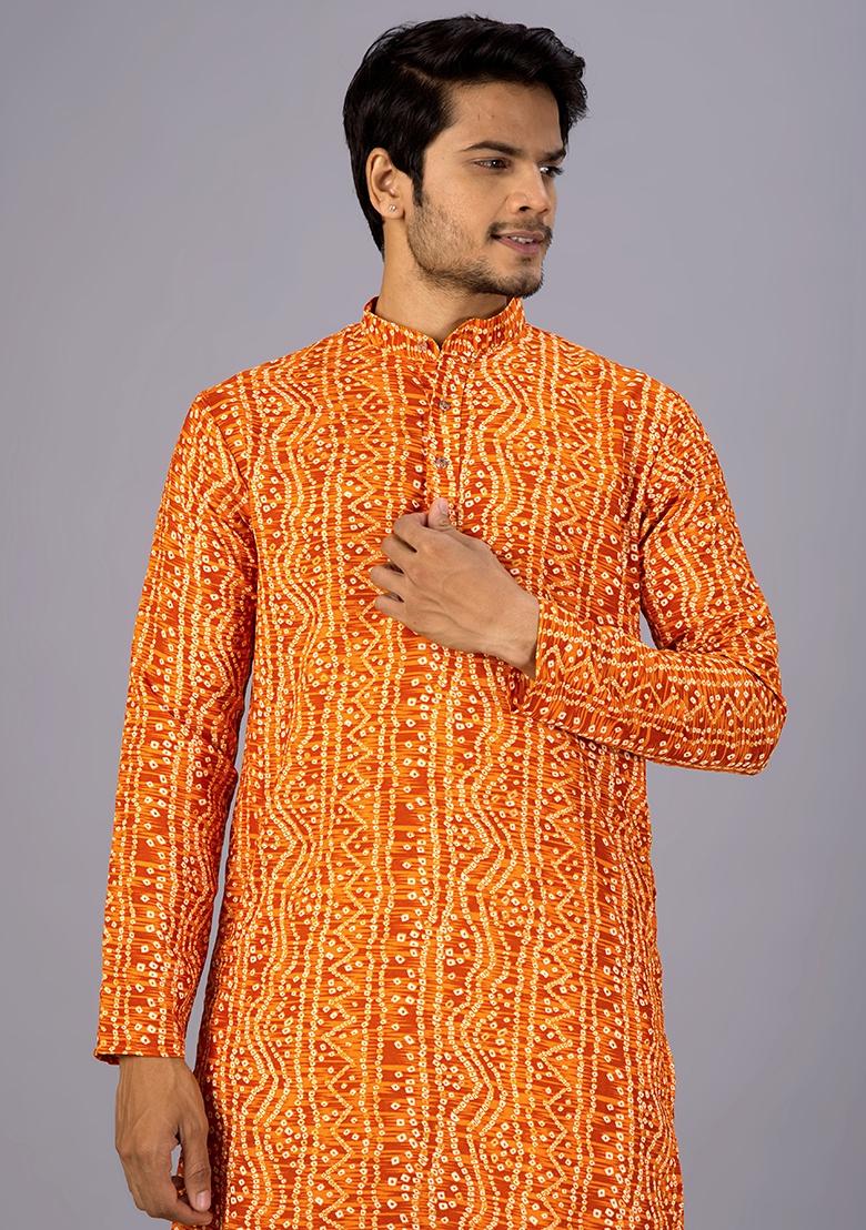 Mustard Printed Cotton Kurta For Men - Indya