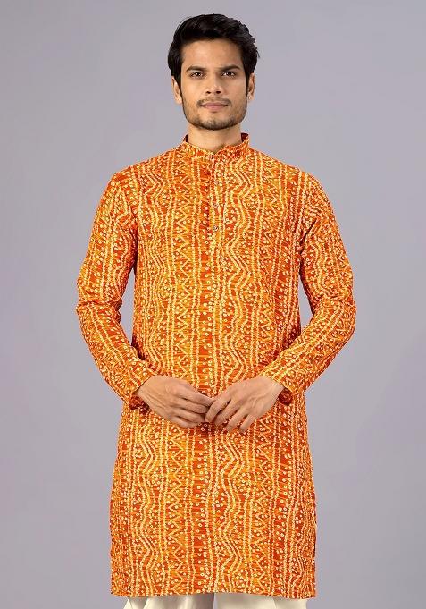 Mustard Printed Cotton Kurta For Men