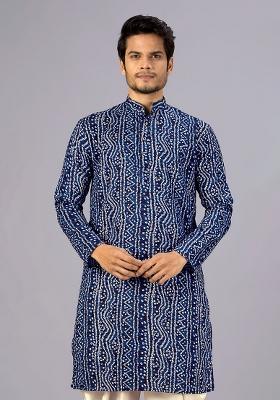 Nevy Blue Printed Cotton Kurta For Men
