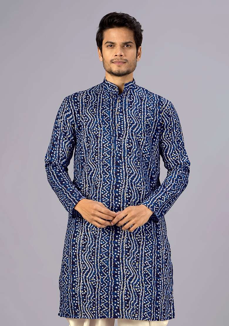 Nevy Blue Printed Cotton Kurta For Men - Indya