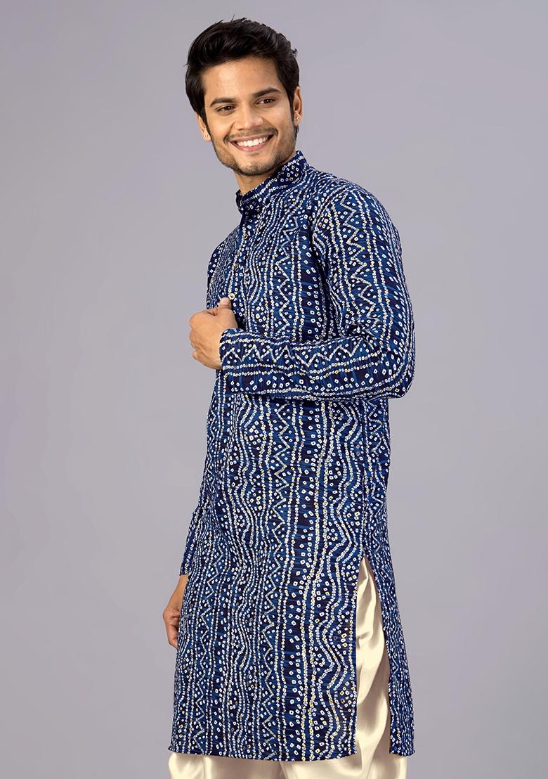 Nevy Blue Printed Cotton Kurta For Men - Indya