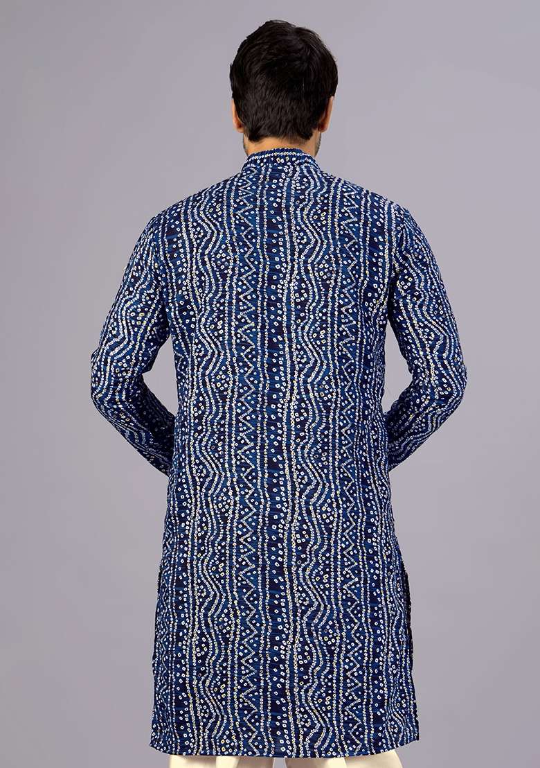 Nevy Blue Printed Cotton Kurta For Men - Indya
