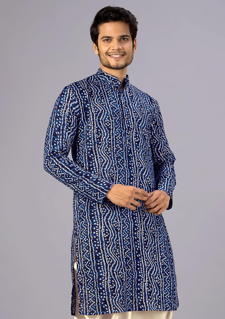 Nevy Blue Printed Cotton Kurta For Men - Indya