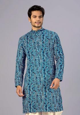 Petrol Blue Printed Cotton Kurta For Men