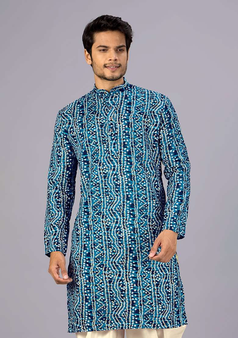 Petrol Blue Printed Cotton Kurta For Men - Indya