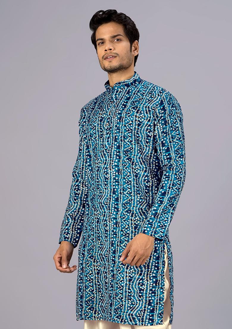 Petrol Blue Printed Cotton Kurta For Men - Indya